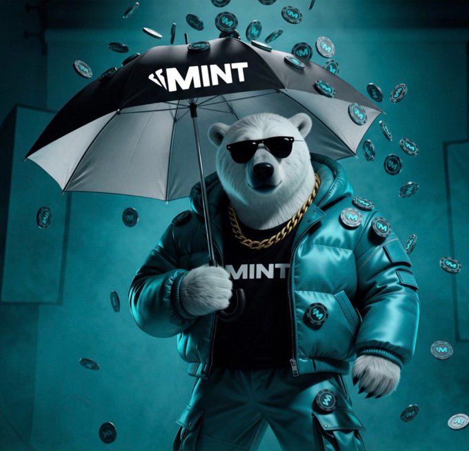 A version of the MINT polar bear mascot image without the bottom promotional banner, showing the bear with the 'MINT' umbrella amid falling crypto coins.