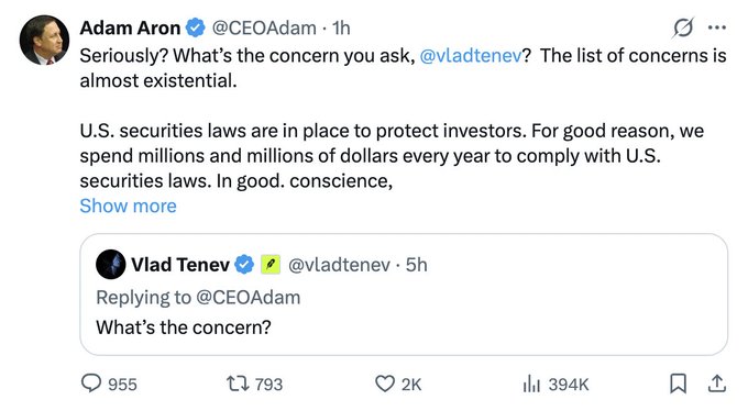A screenshot of an X (Twitter) exchange between Adam Aron (@CEOAdam) and Vlad Tenev (@vladtenev), where Aron responds to a question about concerns by citing U.S. securities laws.
