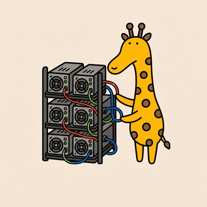 A cartoon giraffe with brown spots stands next to a server rack filled with cooling fans and colorful cables, appearing to work on or maintain the equipment. The whimsical image illustrates the post's message about a special mining NFT airdrop given to the small but dedicated "Giraffes" NFT community, tying the giraffe character to the technical mining reward.