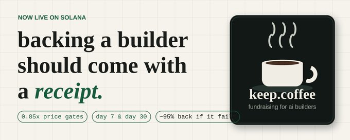 A promotional graphic for "keep.coffee" with the headline "backing a builder should come with a receipt" and a "NOW LIVE ON SOLANA" tag, highlighting features like 0.85x price gates, day 7 & day 30 milestones, and ~95% back if it fails. The ad's emphasis on transparent fundraising terms and refunds aligns with the post's theme of being burned by shady launches and seeking trustworthy AI builder projects on Solana.