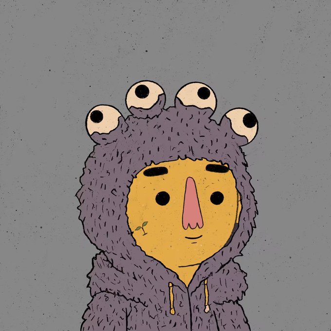 A cartoon character with a yellow face wearing a fuzzy purple hooded jacket adorned with multiple eyeballs on top of the hood.