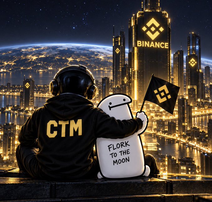 A hooded figure in a black hoodie emblazoned with "CTM" sits beside a "FLORK TO THE MOON" character holding a Binance flag, overlooking a futuristic gold-lit cityscape dominated by the Binance logo—visually dramatizing the post's claim that Binance has repeatedly referenced the community-driven $FLORK token.