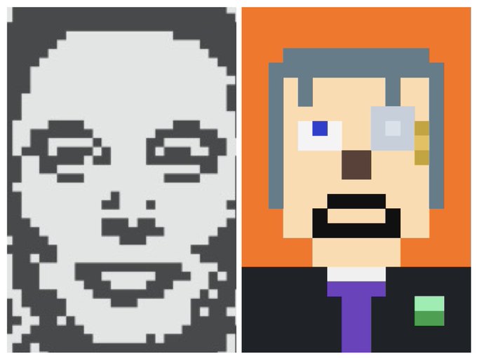 Two pixel art portraits side by side: on the left a black and white pixelated face, and on the right a colored pixel art character with gray hair, one blue eye, one mechanical eye, goatee, orange background, wearing a black shirt with purple tie.