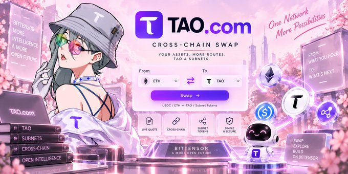 A promotional graphic for TAO.com cross-chain swap features an anime-style woman alongside cryptocurrency exchange options like ETH and TAO.