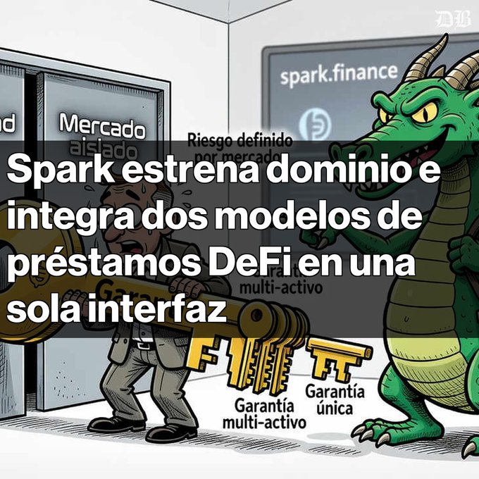 An illustrated graphic featuring a worried man, a green dragon, and oversized keys, with Spanish text stating "Spark estrena dominio e integra dos modelos de préstamos DeFi en una sola interfaz".
