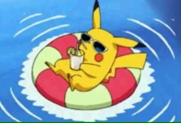A cartoon Pikachu wearing black sunglasses relaxes on a red and white inner tube float in blue water while sipping a drink with a straw.