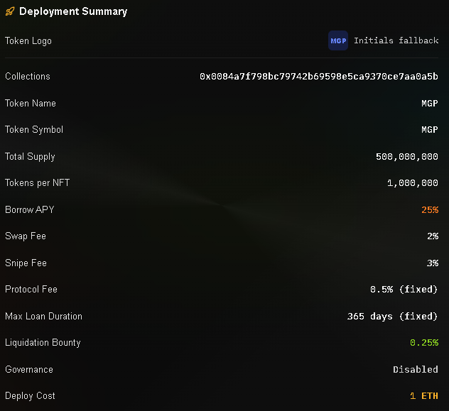 A Deployment Summary dashboard for the MGP (MirrorGlyph Passes) token, showing configuration details including a total supply of 500,000,000 tokens, 1,000,000 tokens per NFT, a 25% borrow APY, 2% swap fee, and 0.25% liquidation bounty. The settings appear to be for a Clutch Markets AMM deployment, with the collection address 0x0084a7f798bc79742b69598e5ca9370ce7aa0a5b matching the OpenSea link mentioned in the post.