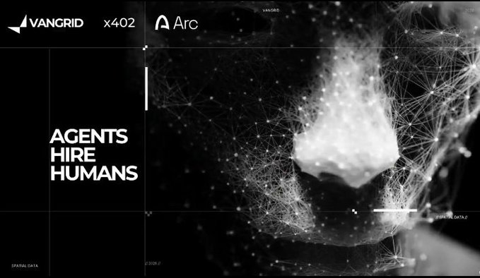 A dark promotional graphic with the text 'VANGRID x402 Arc', 'AGENTS HIRE HUMANS', and 'SPATIAL DATA', featuring an abstract image of a rocky form overlaid with a network of connected dots.
