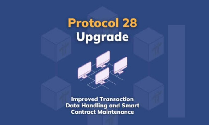 A promotional graphic on a blue background announces the "Protocol 28 Upgrade," featuring a network illustration of connected computer monitors. The accompanying text highlights the upgrade's main benefits, which are summarized in the image as "Improved Transaction Data Handling and Smart Contract Maintenance."