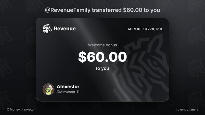 A digital welcome bonus notification from @RevenueFamily transferring $60.00 to user @AInvestor_11, labeled as 'Welcome bonus'.