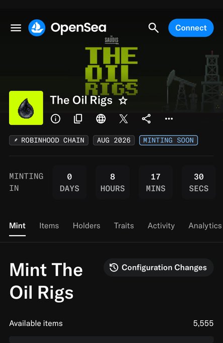 A screenshot of the OpenSea website showing the minting page for 'The Oil Rigs' collection on the Robinhood Chain, set to mint in 0 days, 8 hours, 17 minutes, and 30 seconds.
