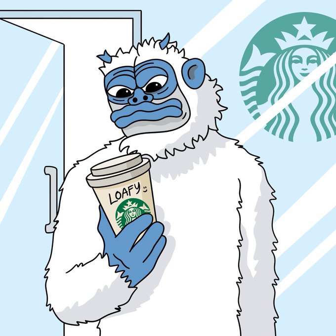 A cartoon illustration of a white furry monkey-like creature with blue facial features holding a Starbucks coffee cup labeled 'LOAFY' in front of a blue and white striped background featuring the Starbucks siren logo.