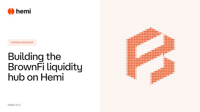 A minimalist promotional graphic for Hemi with the headline 'Building the BrownFi liquidity hub on Hemi' marked as 'PARTNER SPOTLIGHT' at hemi.xyz.