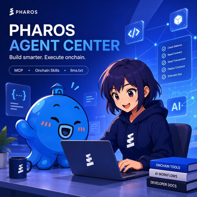 A promotional graphic for Pharos Network's "Agent Center," featuring an anime-style developer working on a laptop alongside a blue octopus mascot, with text highlighting key features: "MCP," "Onchain Skills," "llms.txt," and capabilities like "Check Balance," "Read Contract," "Send Transaction," "Deploy Contract," and "Estimate Gas."

The image visually supports the post's announcement of Pharos Network's Agent Center by showcasing the platform's branding and emphasizing its core offerings—PharosMCP, onchain skills, and AI-ready documentation—as tools that enable AI agents to interact with blockchain functionality.