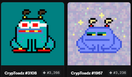 Two pixel art frog characters are displayed side by side: 'CrypToadz #3108' priced at Ξ3,266 on a teal background, and 'CrypToadz #1967' priced at Ξ3,236 on a sparkly lavender background.