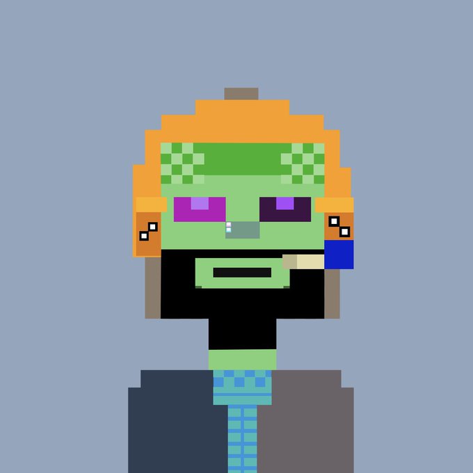 A simple pixel art character with green skin, orange hair, and pixelated green sunglasses, wearing a black shirt and blue-and-green striped pants, standing against a solid light blue background.