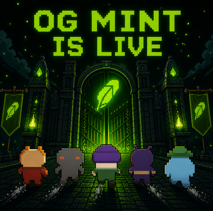 A pixel art image displays five colorful cartoon characters standing before a glowing green castle gate, with the bold neon text "OG MINT IS LIVE" announcing the launch of an NFT collection on OpenSea, matching the post's call to mint.