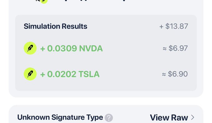 A 'Simulation Results' interface showing +$13.87 returns from adding 0.0309 NVDA (~$6.97) and 0.0202 TSLA (~$6.90), with an 'Unknown Signature Type' field below.