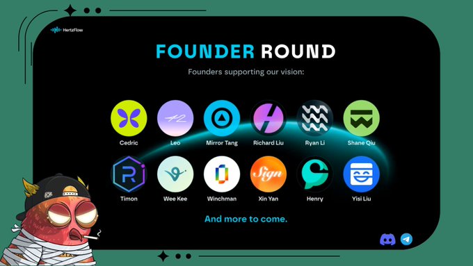 A promotional graphic titled "FOUNDER ROUND" for HertzFlow displays circular profile icons of 11 DeFi builders and founders supporting the project, including Cedric, Leo, Mirror Tang, Richard Liu, Ryan Li, Shane Qiu, Timon, Wee Kee, Winchman, Xin Yan, and Henry, with the caption "Founders supporting our vision: And more to come." The image aligns with the post's announcement by highlighting notable DeFi participants such as Timon from Raydium and Henry from Cetus Protocol, framed by a red cartoon ninja mascot in the corner.