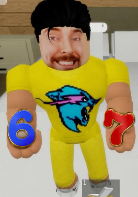A Roblox character wearing a yellow jersey with the number "6" in one hand and "7" in the other promotes the @sixsevenapp game, which recently announced that its "Split or Steal" mechanic is being reworked based on community feedback after the community scored a 1-0 victory over the dev team.