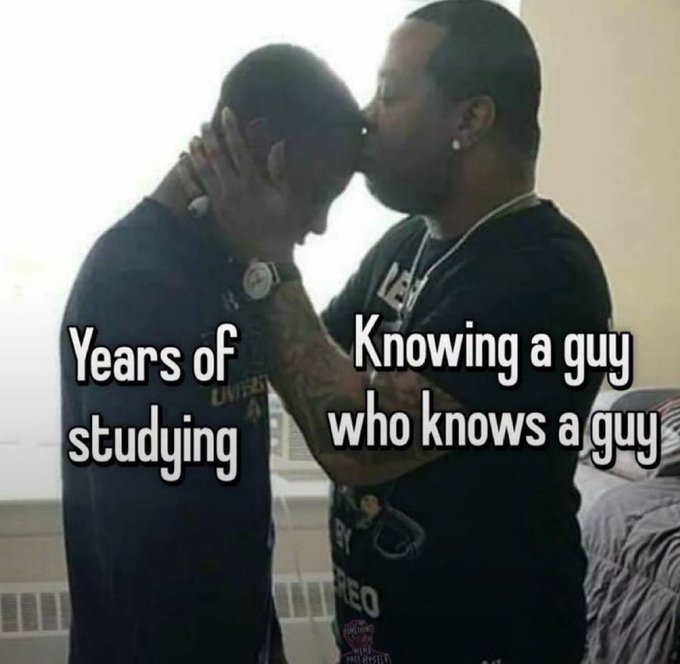 The image is a meme showing two men kissing with text labeling them "Years of studying" and "Knowing a guy who knows a guy," humorously illustrating how the poster's crypto success comes from a personal connection rather than financial expertise, connecting to the post about Shadow's consistent track record of sending profitable coins.