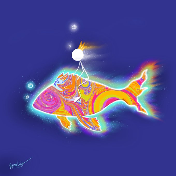 A vibrant psychedelic illustration of a colorful, glowing fish with swirled patterns swimming in deep blue water.