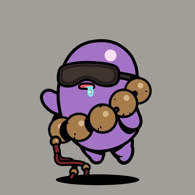 A cartoon illustration depicts a small, round purple character wearing large black goggles and crying while riding a red scooter with an oversized beaded chain.