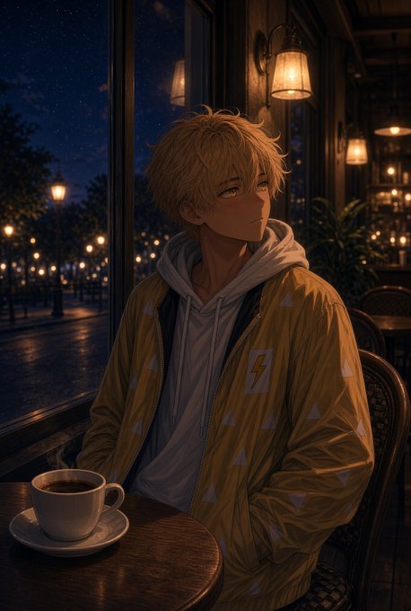 An anime-style illustration shows a blond young man in a yellow jacket and gray hoodie sitting beside a rainy café window at night, with a cup of coffee on the table.