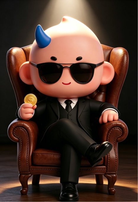 The image features a cartoon character wearing sunglasses and a suit with a blue horn on its forehead. The character appears to be sitting in an office chair, holding a gold coin. The background of the image is dark, which contrasts with the bright colors of the character's outfit and the gold coin. The post includes text that reads "Sixth Master: Hold the line to the end, never back down! Fire Treasure: Fight side by side, face the storm head-on!".