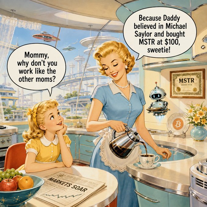 A retro-futuristic illustration of a mother and daughter with speech bubbles referencing MSTR at $100, with a newspaper reading 'MARKETS SOAR'.