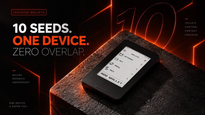 Advertisement for a crypto hardware wallet promoting '10 Seeds, One Device, Zero Overlap' for isolated cryptocurrency storage.