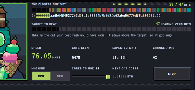A mining interface screenshot showing 'THE CLOSEST ONE YET' with a hash partially matching the target, speed of 76.05 MH/s, 547M cats seen, 21d 10h expected wait, and 0% chance/min, with CPU/GPU toggle and a STOP button.