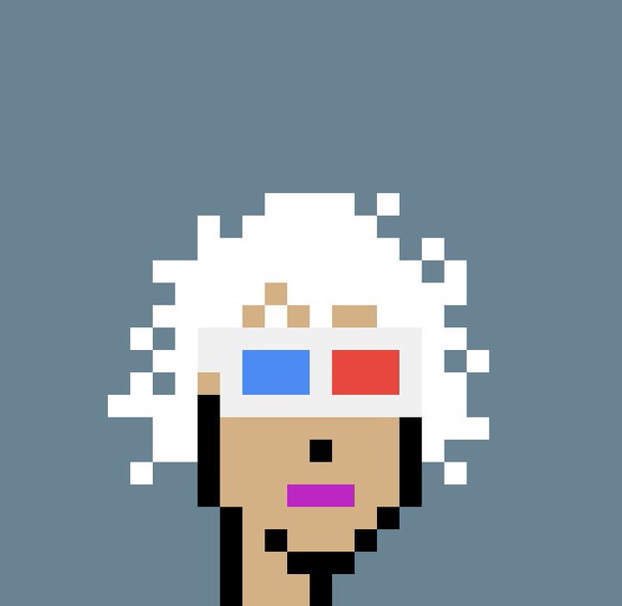 A pixel art portrait of a person with wild white hair wearing classic red and blue 3D glasses against a gray background.