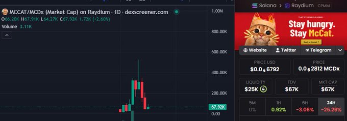DexScreener chart for 'MCCAT/MCDx' token on Raydium showing price of $0.0₆6792, market cap $67K, and a meme cat promotional banner 'Stay hungry. Stay McCat.'