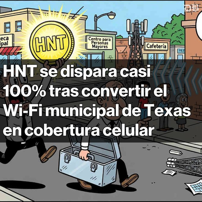 A meme-style illustration shows characters in a street scene with Spanish text reading "HNT se dispara casi 100% tras convertir el Wi-Fi municipal de Texas en cobertura celular," referencing the Helium (HNT) cryptocurrency.