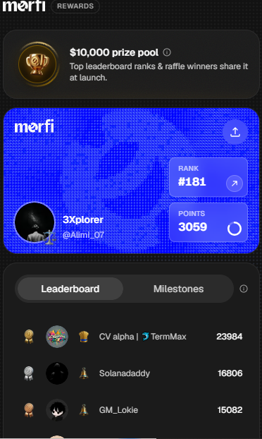 A user named 3Xplorer (@Aliimi_07) sits at rank #181 with 3,059 points on the Morfi Markets leaderboard, which features a $10,000 prize pool split among top ranks and raffle winners. The post ties directly into the screenshot, promoting the prize pool incentive as motivation for climbing the rankings shown.