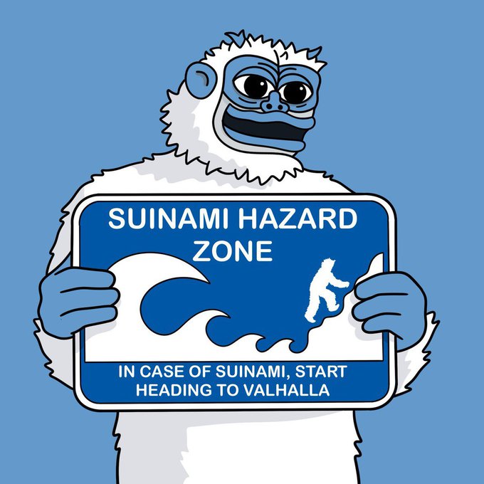 A cartoon illustration of a white yeti-like creature with a blue face holding a sign that reads 'SUINAMI HAZARD ZONE' with instructions 'IN CASE OF SUINAMI, START HEADING TO VALHALLA'.