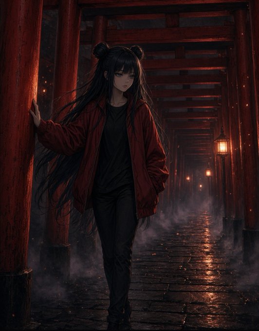 An anime-style illustration of a dark-haired girl in a red jacket walking through a misty path lined with red torii gates and glowing lanterns.