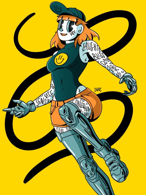 An anime-style illustration of an orange-haired female character with a baseball cap, wearing a green shirt and orange shorts, displayed against a yellow background with black swirling lines.