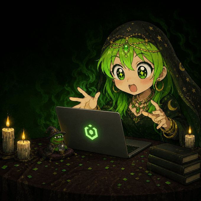 Anime-style illustration of a green-haired character in a starry hooded cloak casting magic at a laptop displaying a green logo, with a frog figurine and candles on the table.
