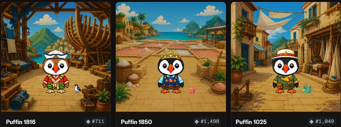Three cartoon penguin characters (Puffins) displayed as NFTs: 'Puffin 1816' priced at #711 in a shipyard, 'Puffin 1850' priced at #1,498 wearing a crown near a shore, and 'Puffin 1025' priced at #1,049 in a Mediterranean village.