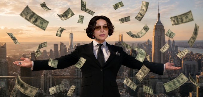 A person in a black suit, white shirt, and tie with sunglasses standing with arms outstretched as dollar bills rain down, with the New York City skyline in the background.