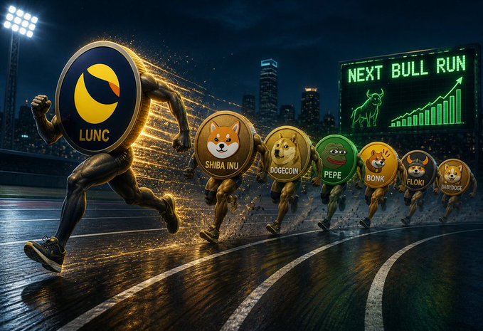The image features a group of six animated characters running down a track with the text "LUNC" written above them. The characters are dressed in various costumes representing different types of coins, including a lion, a dog, and a bear. The scene is set against a dark background, which emphasizes the vibrant colors of the coins and the characters' outfits. The image also includes a caption that reads "$LUNC Will Make Millionaires In 2026 Either Your On Board, Or You'll Be Left Behind." This message suggests that investing in cryptocurrency could lead to significant financial gains within the next two years.