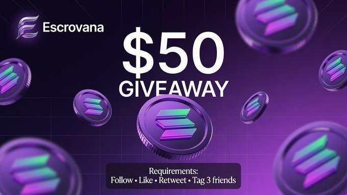 The image is a promotional graphic for "Escrovana" advertising a "$50 GIVEAWAY" in a vibrant purple design featuring Solana (SOL) coin graphics, with requirements listed at the bottom: "Follow • Like • Retweet • Tag 3 friends." This visually supports the accompanying tweet announcing the $50 SOL giveaway from @Escrovana, which requests followers to like, retweet, and drop their wallet addresses for a winner to be chosen in 24 hours.