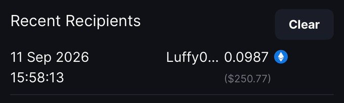 The image shows a "Recent Recipients" history displaying a single transaction to "Luffy0..." for 0.0987 ETH ($250.77) on 11 Sep 2026, likely representing the recipient's first successful crypto transaction celebrated in the accompanying post.
