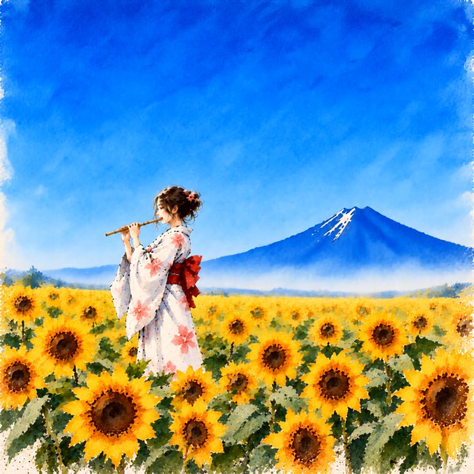 A watercolor painting of a girl in a floral kimono playing a flute in a field of sunflowers, with Mount Fuji in the background under a blue sky.
