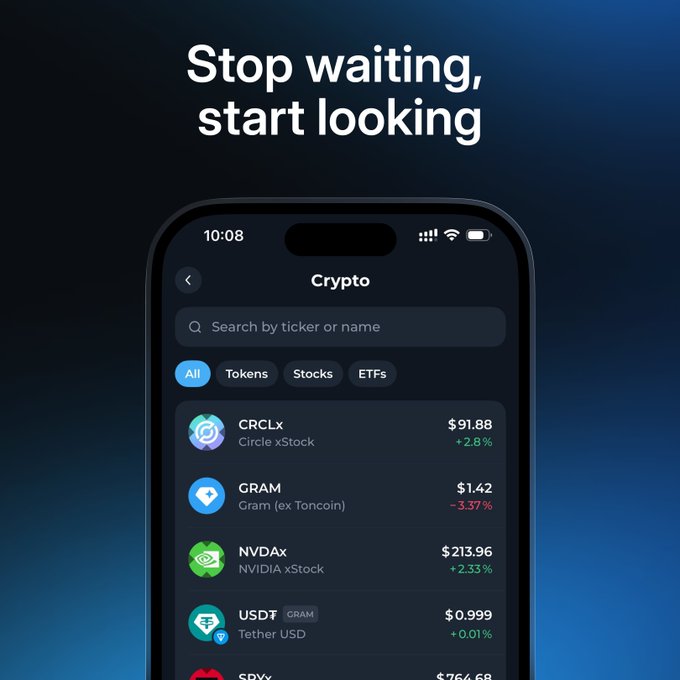 A dark-themed mobile app screenshot for "Tonkeeper" showing a Crypto trading interface with the tagline "Stop waiting, start looking." The screen displays live prices for tokenized stocks and cryptos including CRCLx ($91.88, +2.8%), GRAM ($1.42, -3.37%), NVDx ($213.96, +2.33%), and USDT ($0.999, +0.01%), promoting real-time market opportunities without waiting.