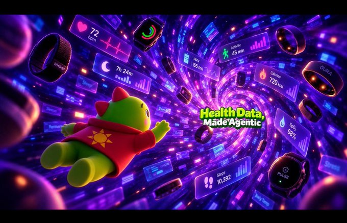 A vibrant 3D illustration titled 'Health Data Made Agentic' showing a green character in a red outfit floating through a tunnel surrounded by floating smart rings and health metrics including '72 bpm', '7h 24m', and '720 kcal'.