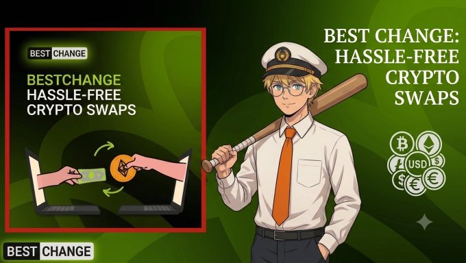 An animated advertisement features a blonde man in a white shirt, orange tie, and captain's hat holding a baseball bat, promoting 'BESTCHANGE HASSLE-FREE CRYPTO SWAPS' alongside icons for Bitcoin, Ethereum, and USD.