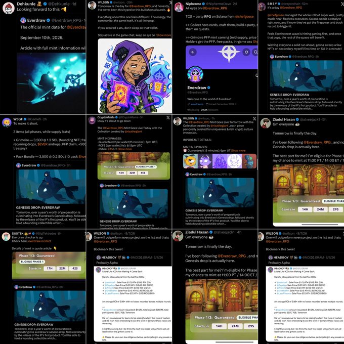 A collage of tweets and screenshots discussing an Everdraw RPG crypto project, mentioning token mints, TGGs, and Solana blockchain.
